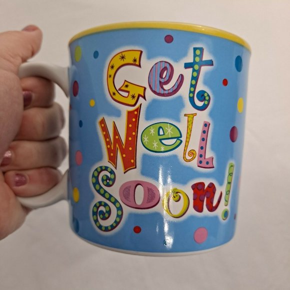 Get Well Soon We'll Wishes Blue Yellow Polka Dot Novelty Coffee Mug Cup - Picture 6 of 7